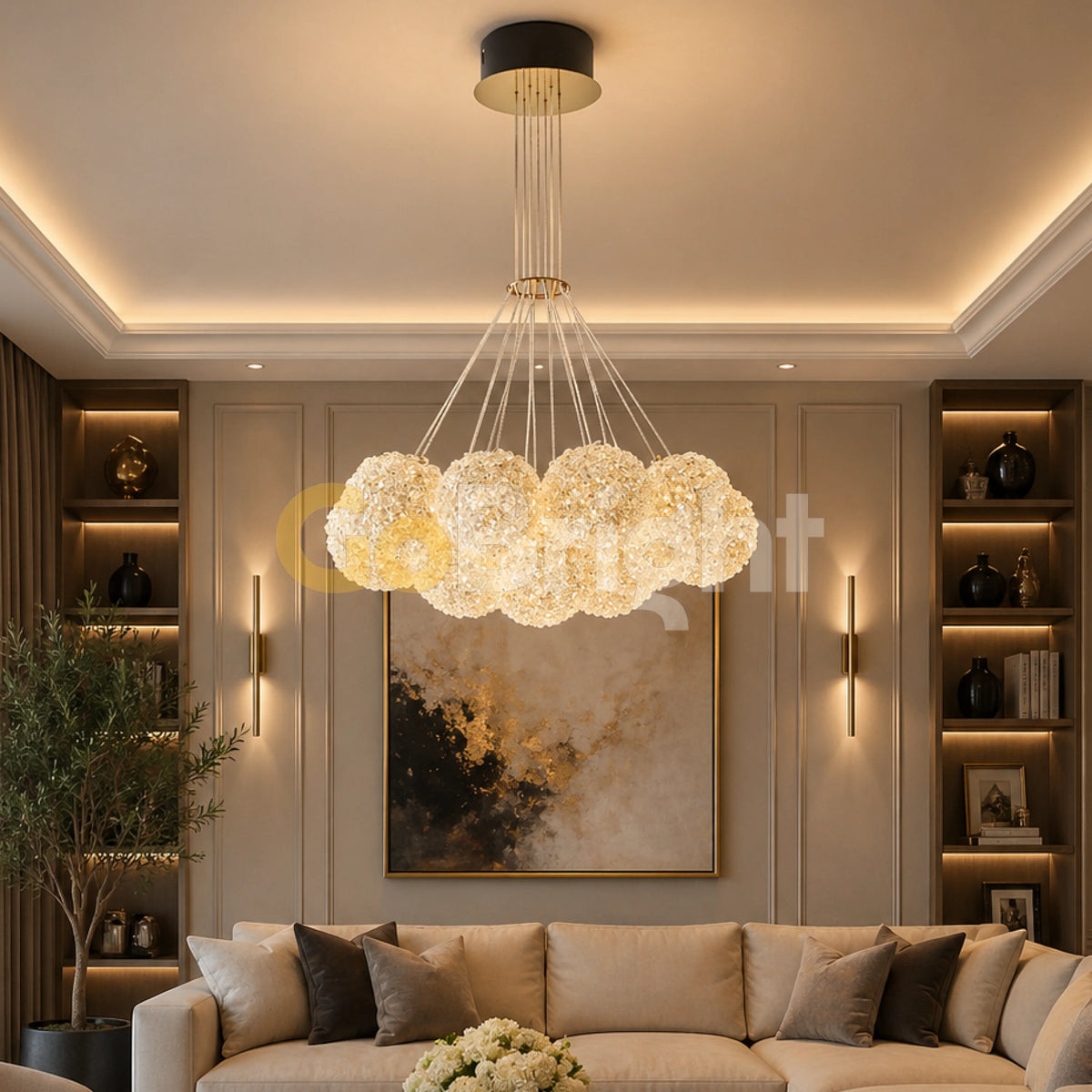 Pendul LED 7 Bile Cristale Glow Auriu