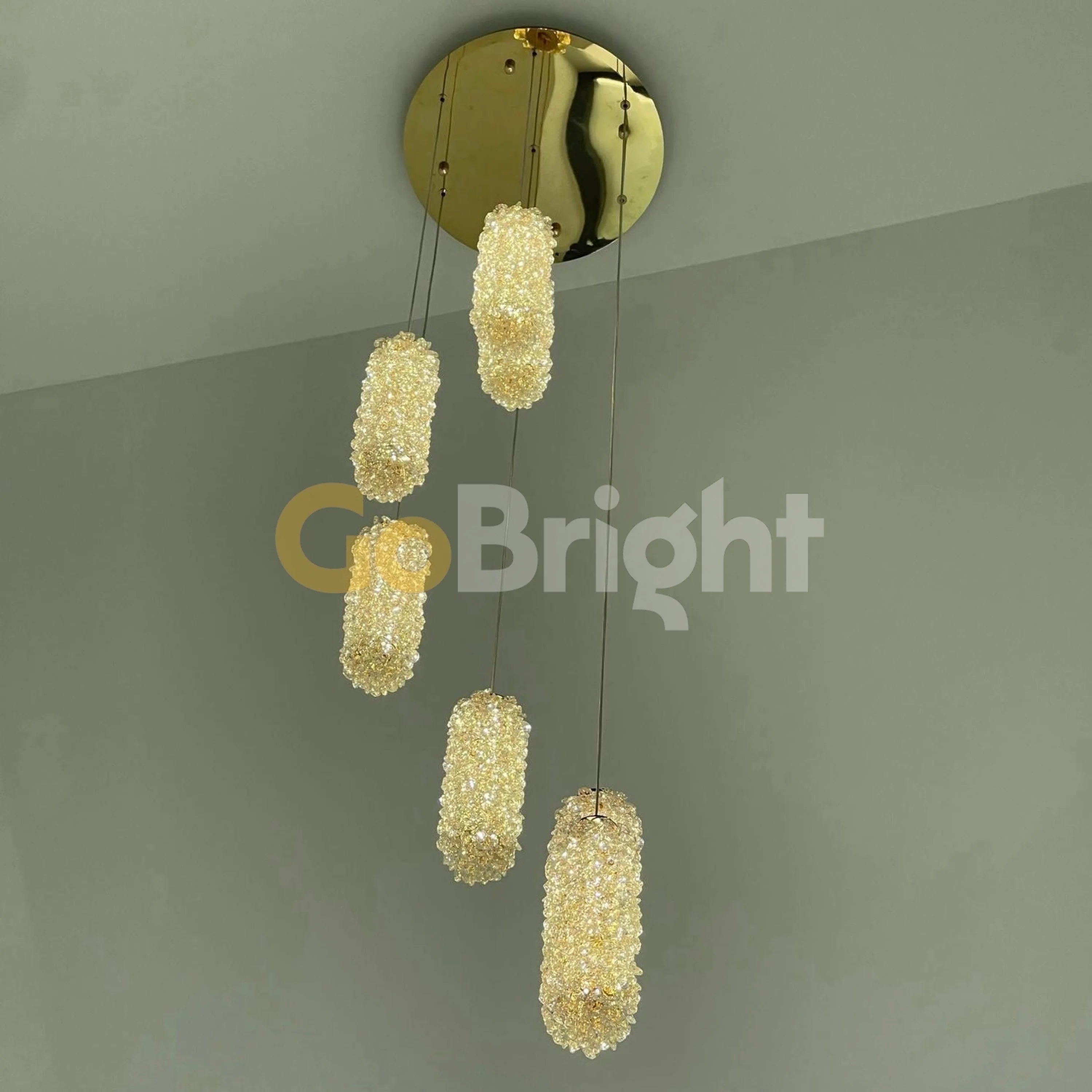 Pendul LED 7 Cilindri Cristale 100W cu Telecomanda Glow 3 Tipuri de Lumini Auriu