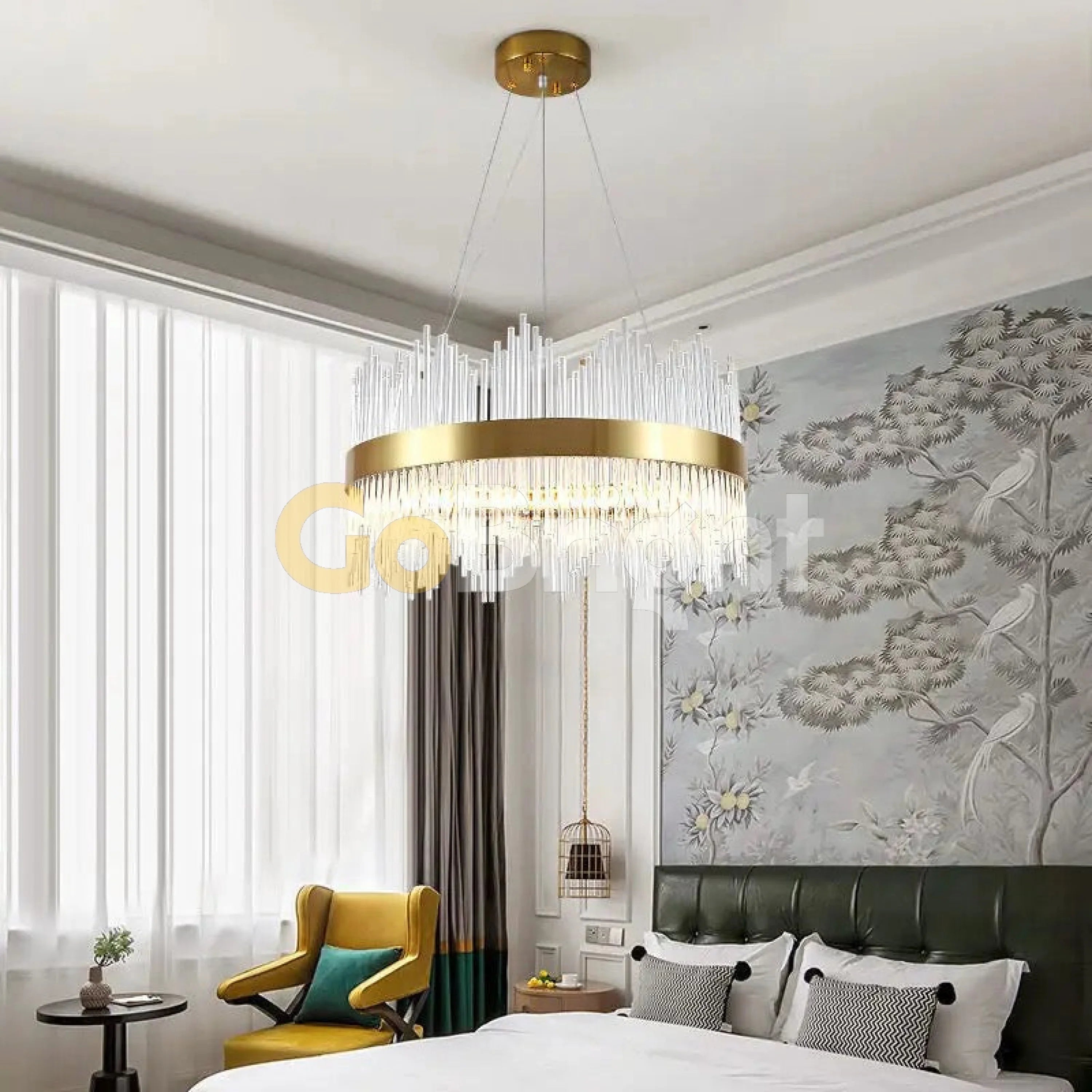 Pendul LED Diametru 40cm 100W Cristal cu Telecomanda Spiral 3 Tipuri de Lumini Auriu