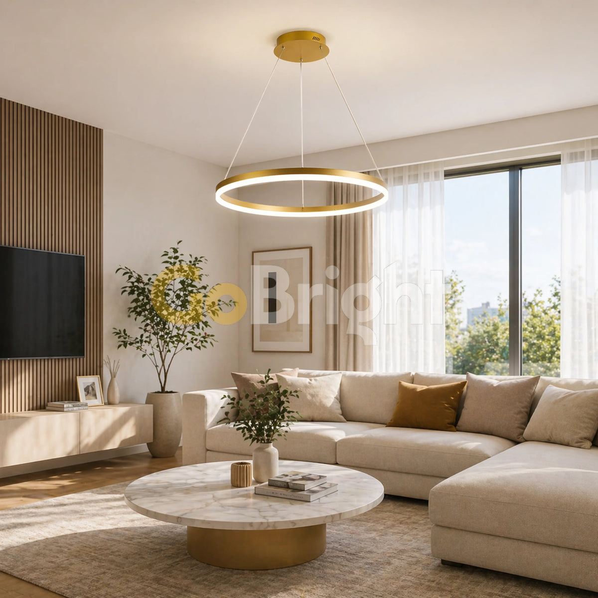 Pendul LED Diametru 50cm 70W cu Telecomanda Raven 3 Tipuri de Lumini Auriu