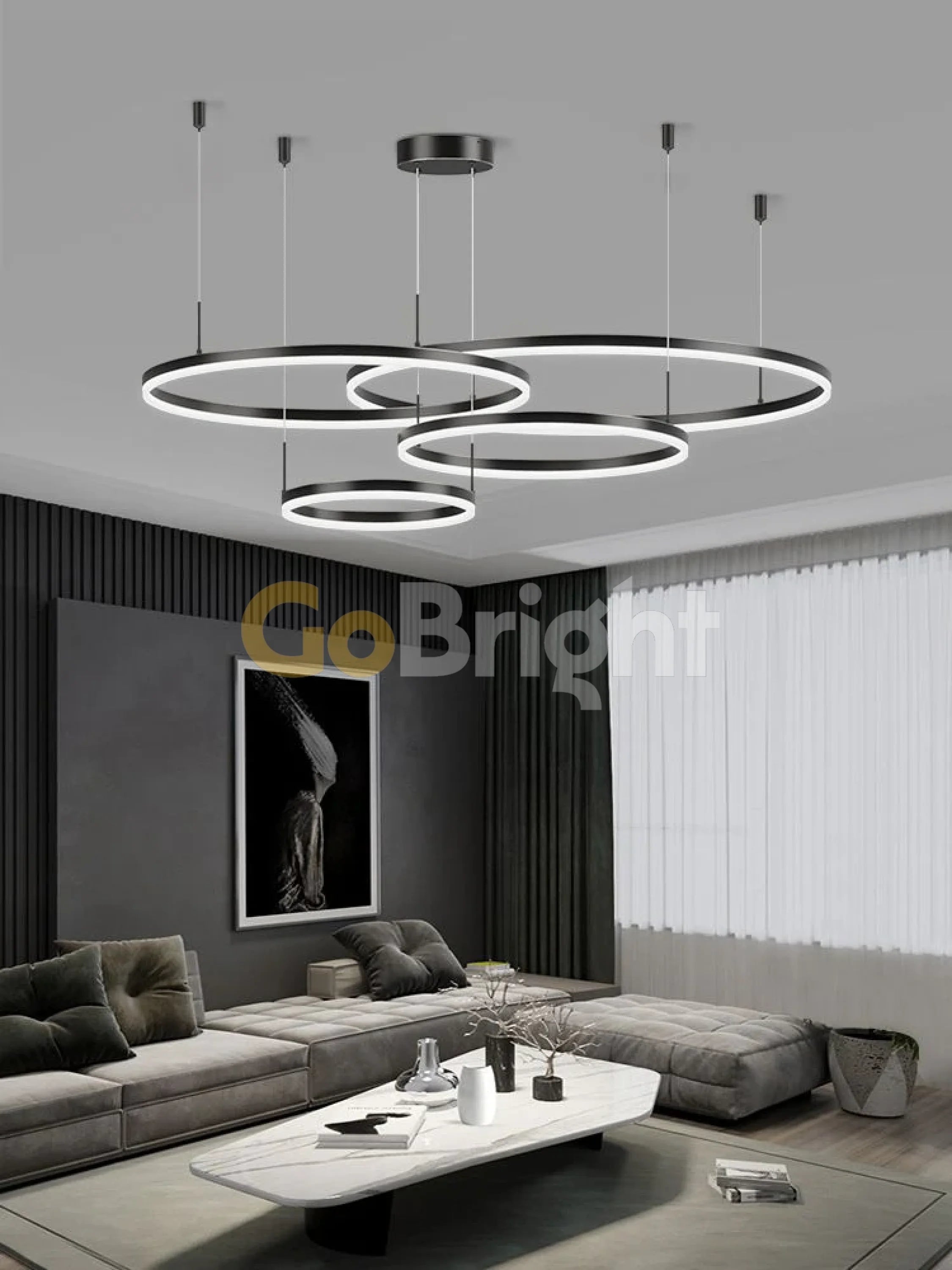 Pendul LED Diametru 60 + 50 + 40 + 30cm 240W cu Telecomanda Raven 3 Tipuri de Lumini Negru