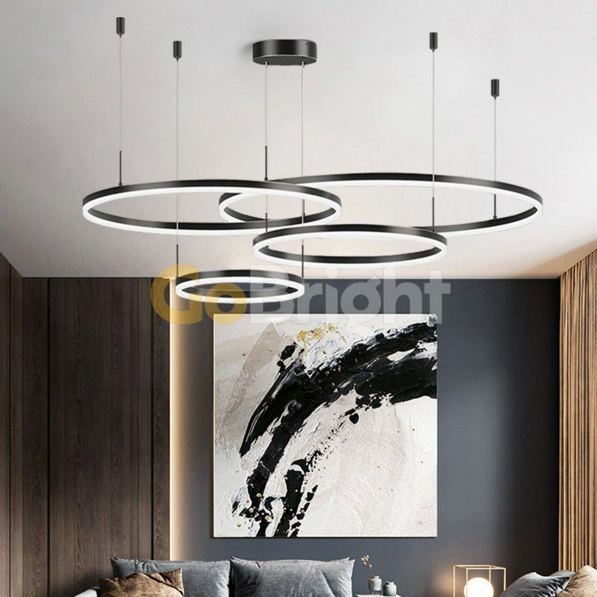 Pendul LED Diametru 60 + 50 + 40 + 30cm 240W cu Telecomanda Raven 3 Tipuri de Lumini Negru