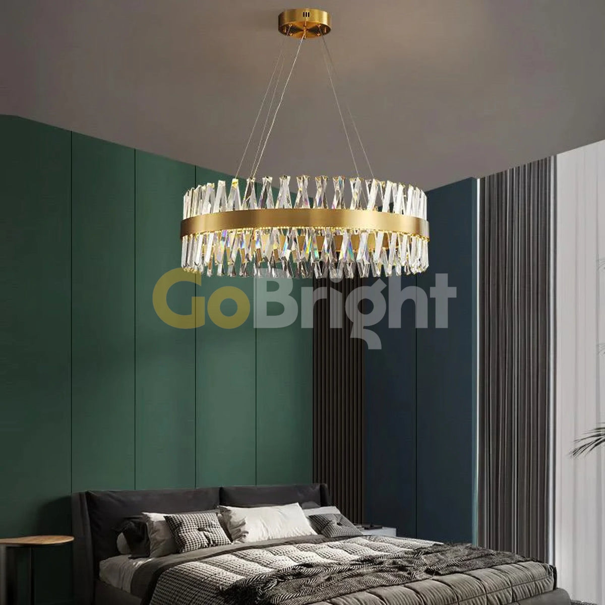 Pendul LED Diametru 60cm 100W Cristal cu Telecomanda Nemesis 3 Tipuri de Lumini Auriu