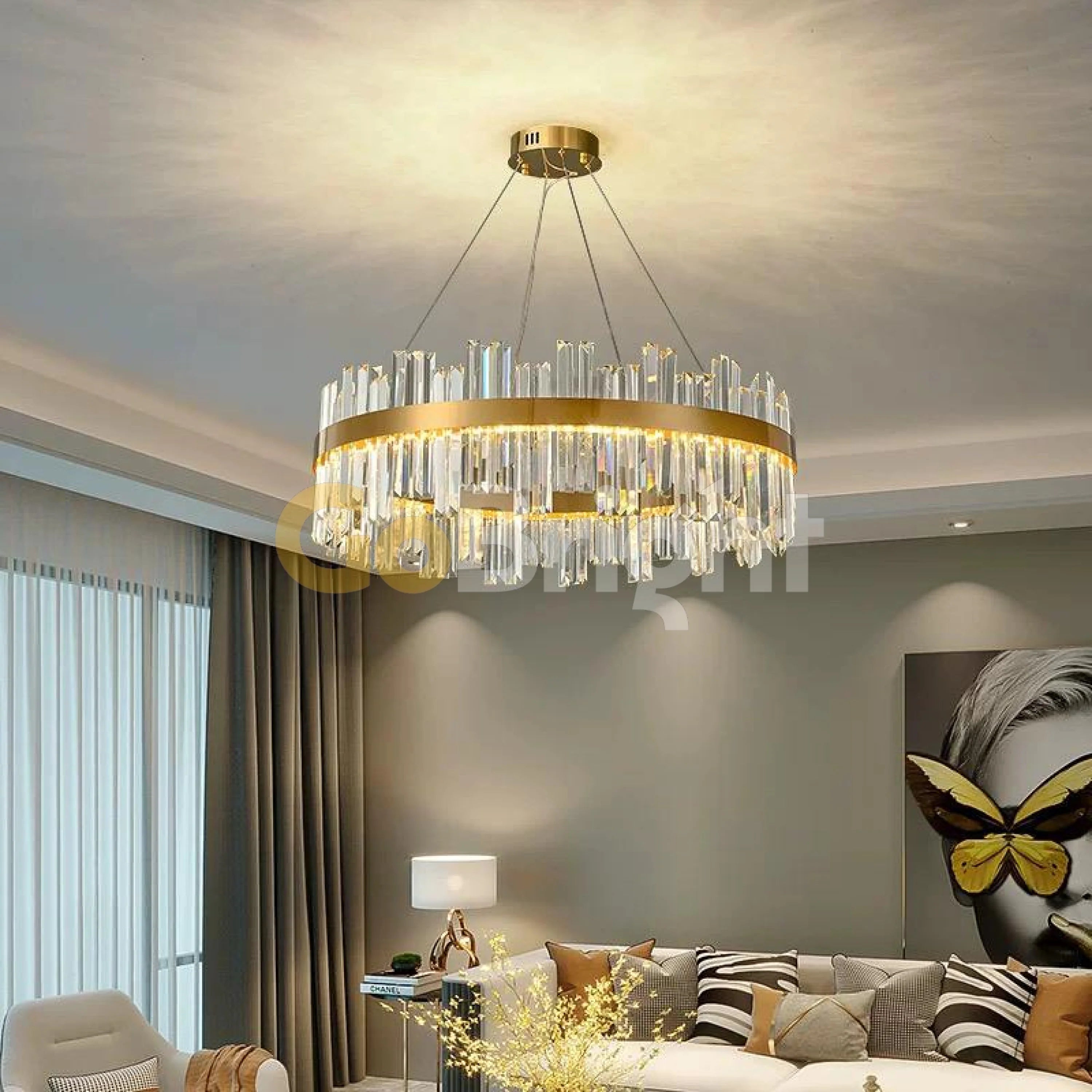 Pendul LED Diametru 60cm 100W Cristal cu Telecomanda Spiral 3 Tipuri de Lumini Auriu