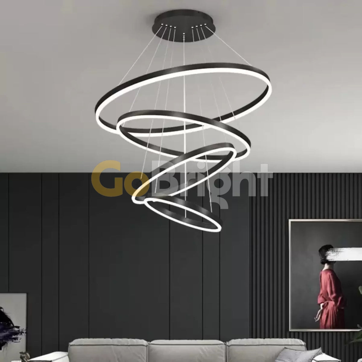 Pendul LED Diametru 80 + 60 + 40 + 20cm 220W cu Telecomanda Raven 3 Tipuri de Lumini Negru
