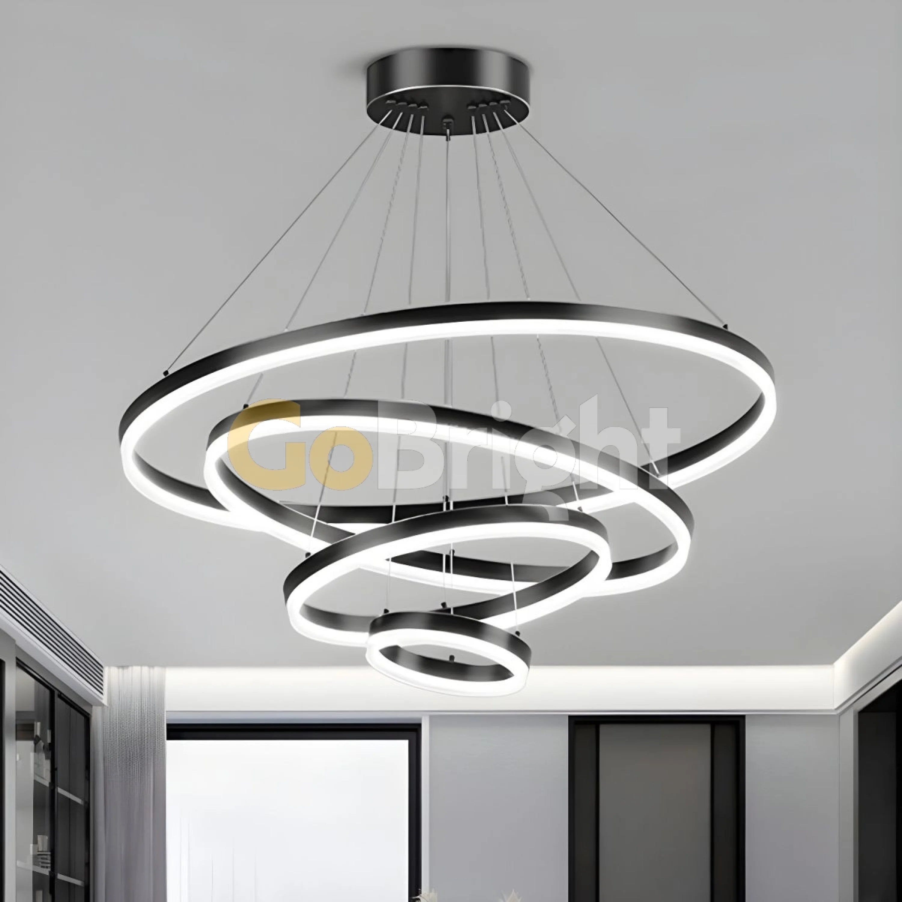 Pendul LED Diametru 80 + 60 + 40 + 20cm 220W cu Telecomanda Raven 3 Tipuri de Lumini Negru